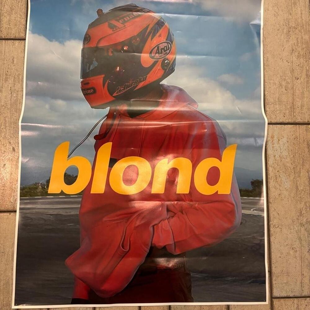 Frank Ocean Blonde poster with person wearing red hoodie and orange helmet